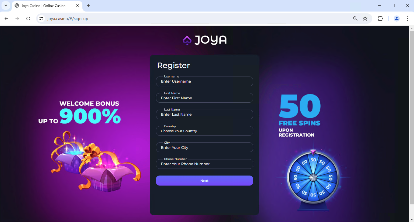 Screenshot of JoyCasino website homepage featuring a registration form to the left and promotional offers including "WELCOME BONUS UP TO 900%" and "50 FREE SPINS UPON REGISTRATION" displayed on the right side. The background is predominantly purple with decorative golden elements and a spinning roulette wheel image.