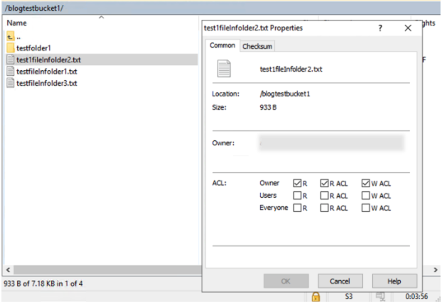 Screenshot of a file transfer window on a computer showing progress of files being copied from the folder "blogtestbucket1" to a destination. The file "test1filefolder2.txt" is currently being transferred, displaying details like size and owner in the properties dialog box. The owner information is redacted.