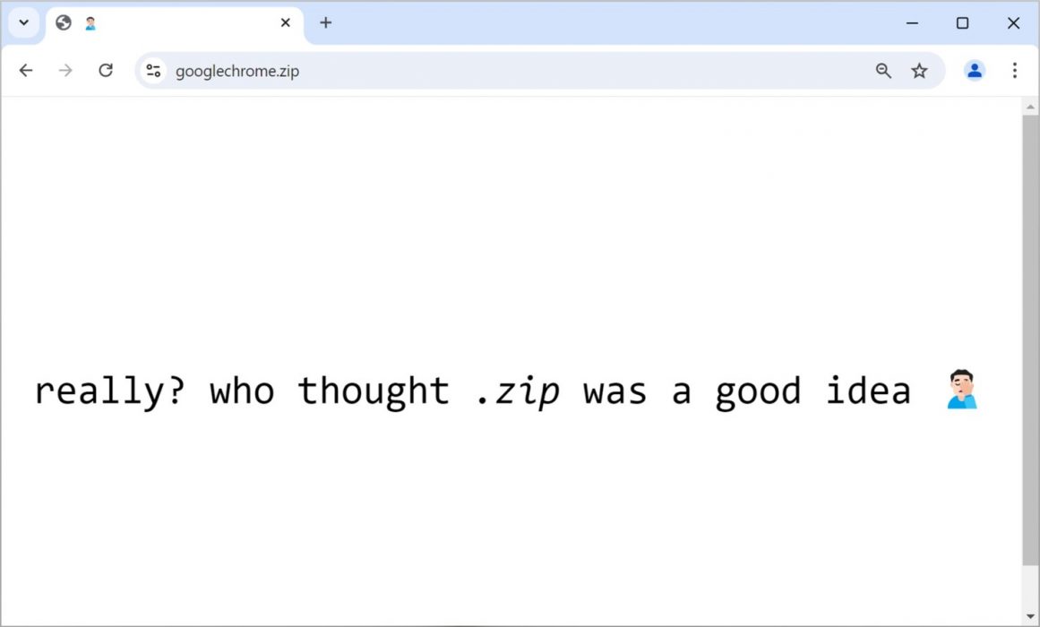 Screenshot of a browser on a web page displaying the text, "really? who thought .zip was a good idea", followed by a facepalm emoji.