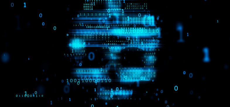 Pictorial representation of SnipBot. Digital abstract background featuring binary code and technology symbols with a blue glow in the shape of a skull.