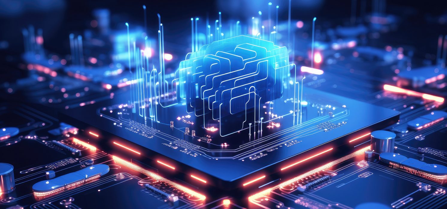 A pictorial representation of a red team tool like Splinter. A digital illustration showing a 3D brain model surrounded by rising data columns on a circuit board, representing advanced artificial intelligence technology.