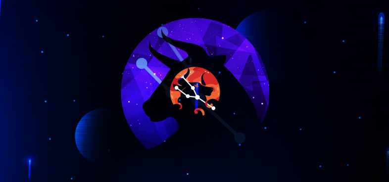 Pictorial representation of Stately Taurus' updated TTPs. Illustration of a bull's head and the Taurus constellation inside a stylized orange moon, set against the profile of a much larger bull's head. Shooting stars are on the dark background.