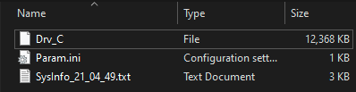 File explorer window displaying three items: "Drv_C" file with 12,368 KB size, "Param.ini" configuration settings file of 1 KB, and "SysInfo_21_04_94.txt" text document of 3 KB.