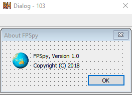 Screenshot of an 'About FPSpy' software dialog box showing software icon, version 1.0, and copyright information for 2018, with an OK button.