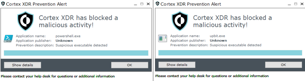 Two identical screenshots of a "Cortex XDR Prevention Alert" dialog box reporting a blocked malicious activity. Each alert has buttons for "OK" and "Show details", and an advisory to contact help desk for questions or additional information.