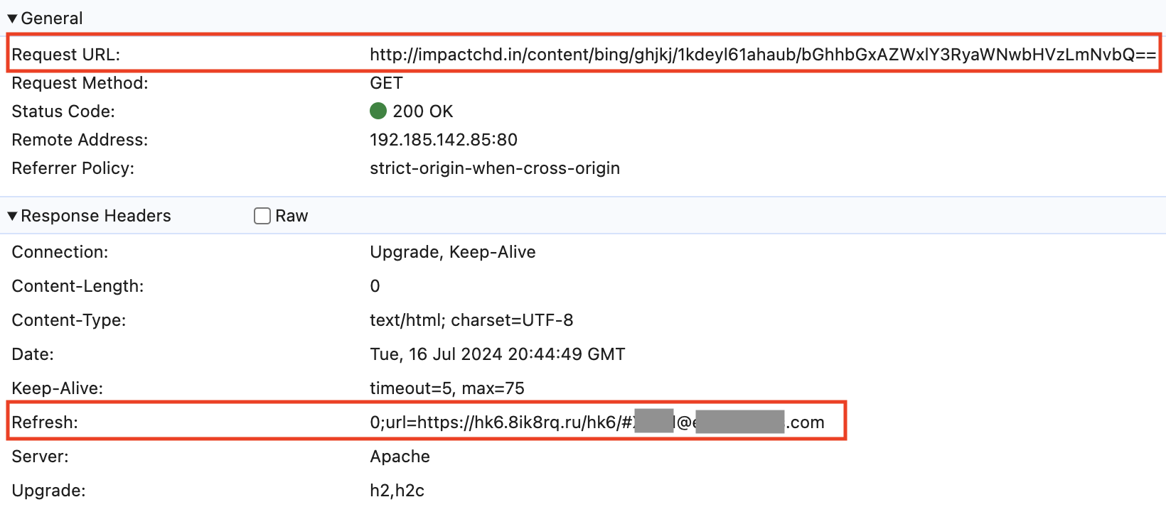 Screenshot of an HTTP response header shown in DevTools. Highlighted in red is the request URL on top and the refresh URL on the bottom with some text redacted. 