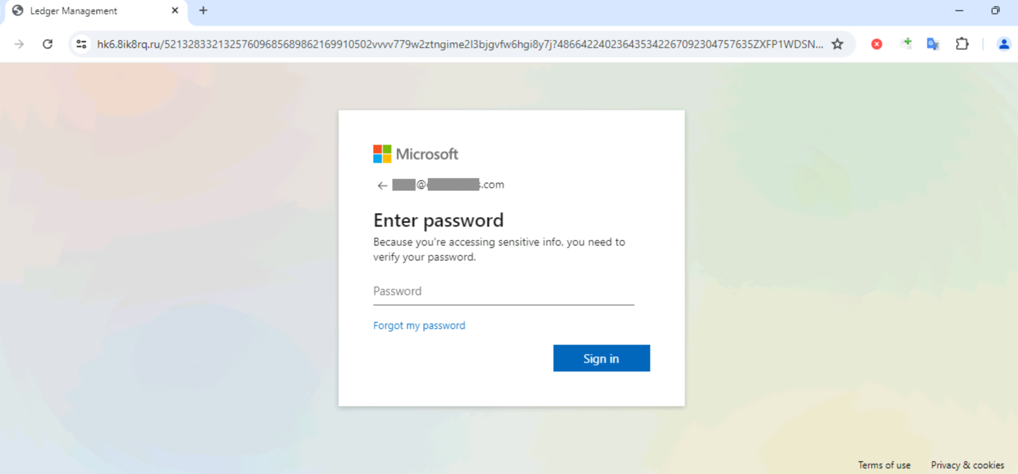 Screenshot of a phishing page imitating a Microsoft login page requesting a password with the "Sign in" button visible. Some of the information is redacted. 