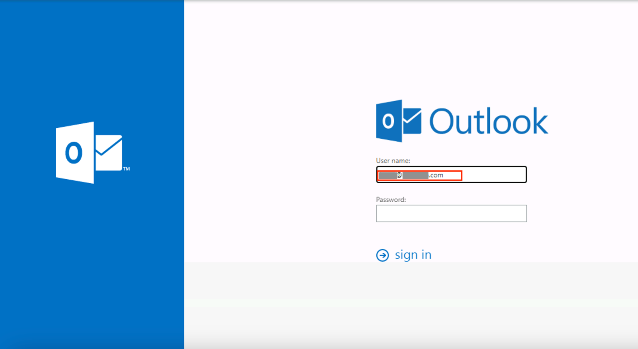 Phishing page impersonating Microsoft Outlook login screen with fields for entering username and password, along with a 'Sign in' button. Some parts of the username are redacted. 