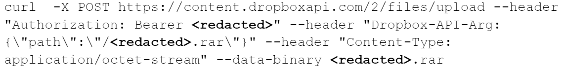 Image displaying a line of code example for using cURL to upload a file to Dropbox.