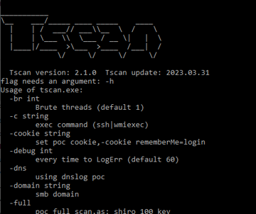 A screenshot displaying the network scanning tool version information for Tscan. The text includes options and parameters for various functions such as thread count, cookie string, and debugging settings among others. 