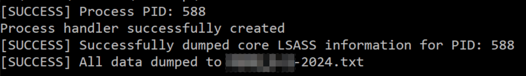 Terminal screen displaying successful process handling and data dumping notifications, including a reference to a file named '2024.txt', though some of the file name information is redacted.