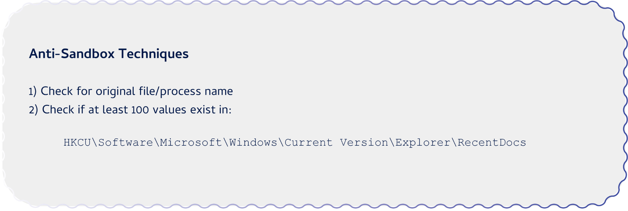 Image titled 'Anti-Sandbox Techniques' listing two methods: 1) Check for original file/process name, 2) Check if at least 100 values exist in the RecentDocs in Explorer. 