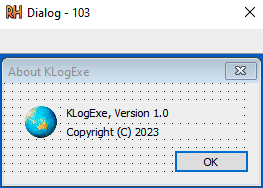 Software dialog box titled "About KLogExe" featuring a logo on the left and text displaying "KLogExe, Version 1.0 Copyright 2023." An "OK" button is available at the bottom.