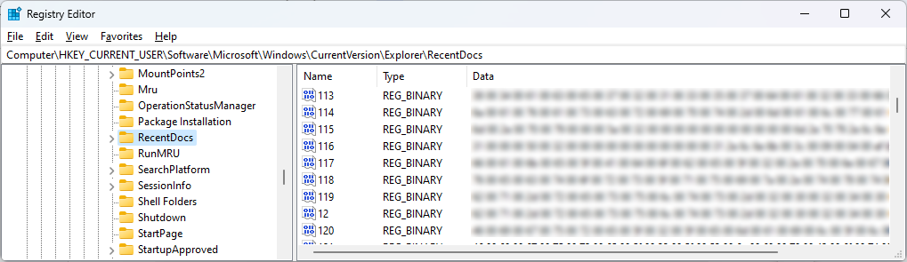 Screenshot of Registry Editor on a Microsoft Windows computer showing various keys and their data types under the 'Computer\HKEY_CURRENT_USER\Software\Microsoft\Windows\CurrentVersion\Explorer\RecentDocs' directory.