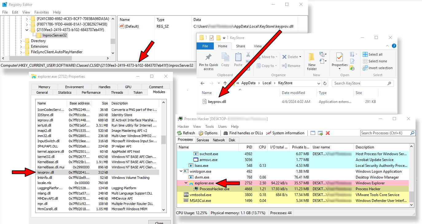 Screenshot showing multiple open windows on a desktop related to computer file management and system monitoring. Visible applications include Task Manager, File Explorer with a file named 'keylogger.exe', and a properties window for system32 directory. Arrows are used to highlight specific items and processes in the applications.