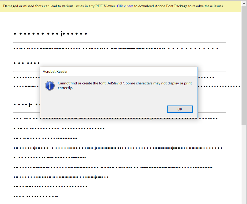 Error message displayed in Adobe Acrobat Reader indicating, "Cannot find or create the font 'AdSlavicF'. Some characters may not display or print correctly," with an 'OK' button.
