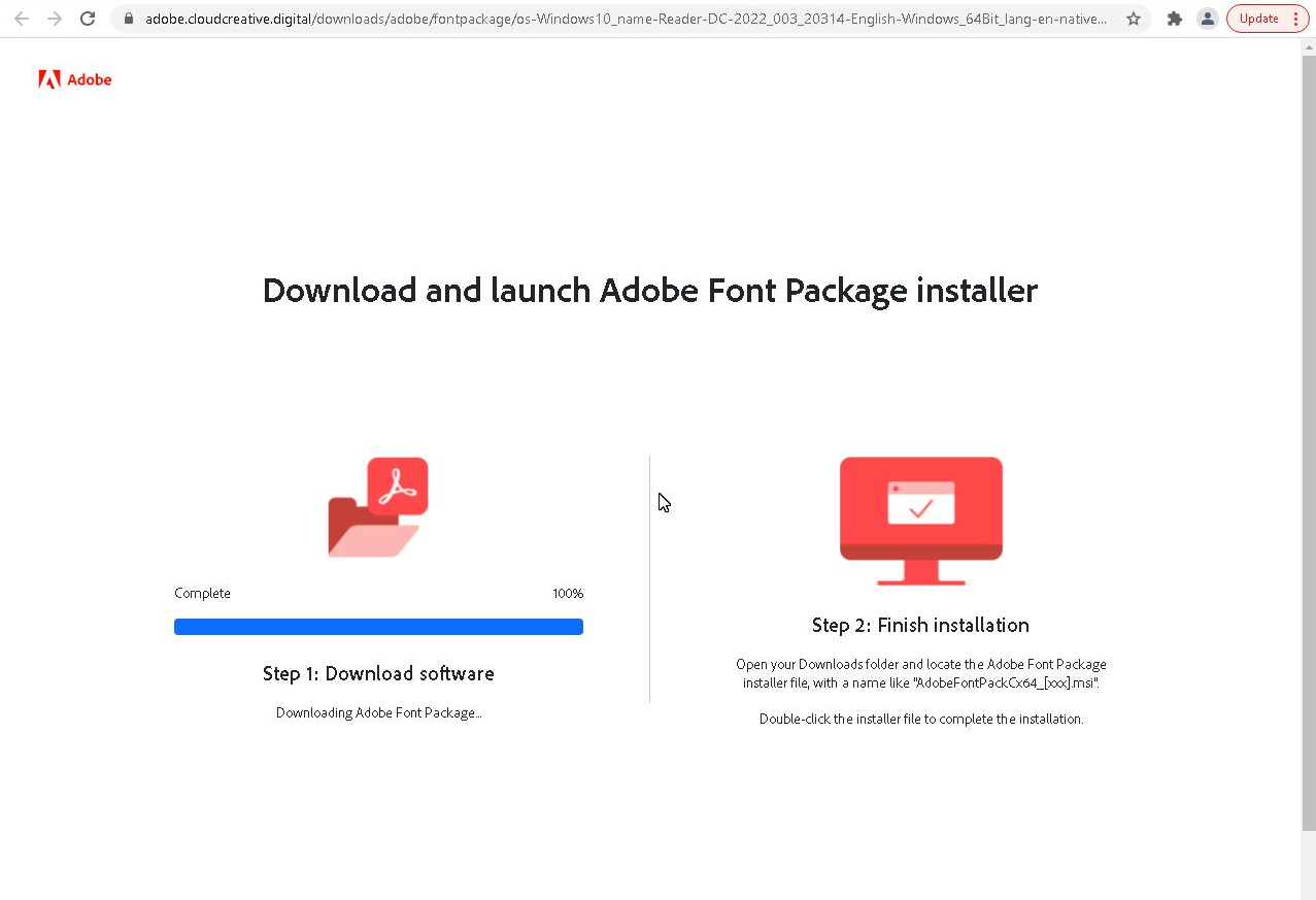 Screenshot of a fake Adobe software installation process on a computer screen. The left side shows a "Download and launch Adobe software" step marked as complete at 100% with an icon of a downward arrow on a box. The right side shows a "Finish installation" step with an icon representing a monitor and an Adobe package, indicating the software installation is in progress.