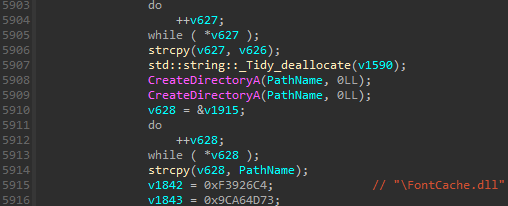 Screenshot of computer code in an editor, featuring lines that include function calls like CreateDirectoryA and string operations, with syntax highlighting in shades of blue, pink, and white.