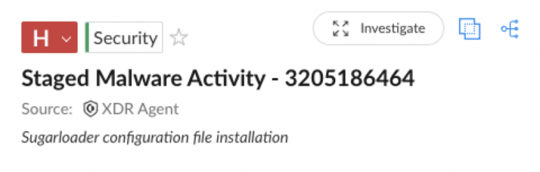 Security alert from Cortex XDR Agent indicating Staged Malware Activity with reference number, related to Sugarloader configuration file installation.