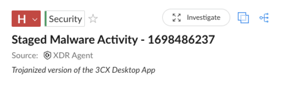 Screenshot showing a security alert titled 'Staged Malware Activity - 1698486237' with a source indicated as 'XDR Agent.' It details a Trojanized version of the 3CX Desktop App. Icons for security, stars for rating, investigative tools, and settings are visible.