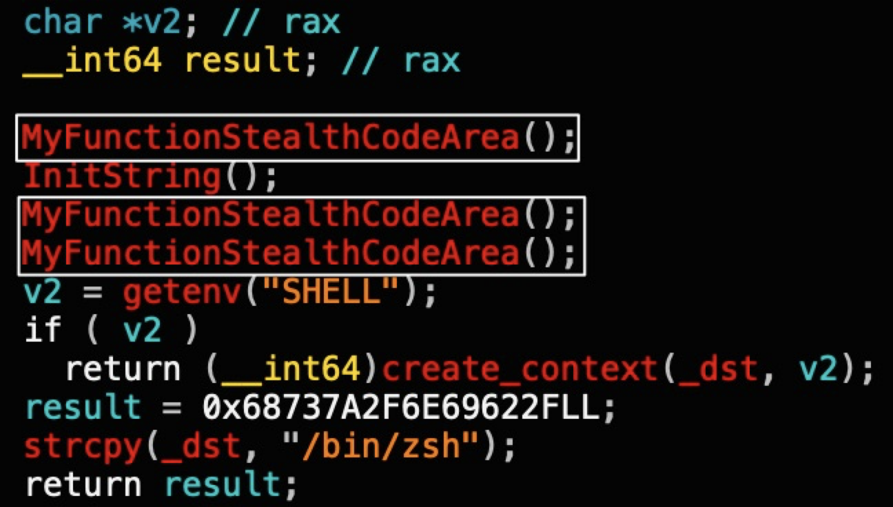 Screenshot of computer code in a text editor with highlighted syntax. Specific functions like MyFunctionStealthCodeArea are displayed, along with system command execution for launching a shell.