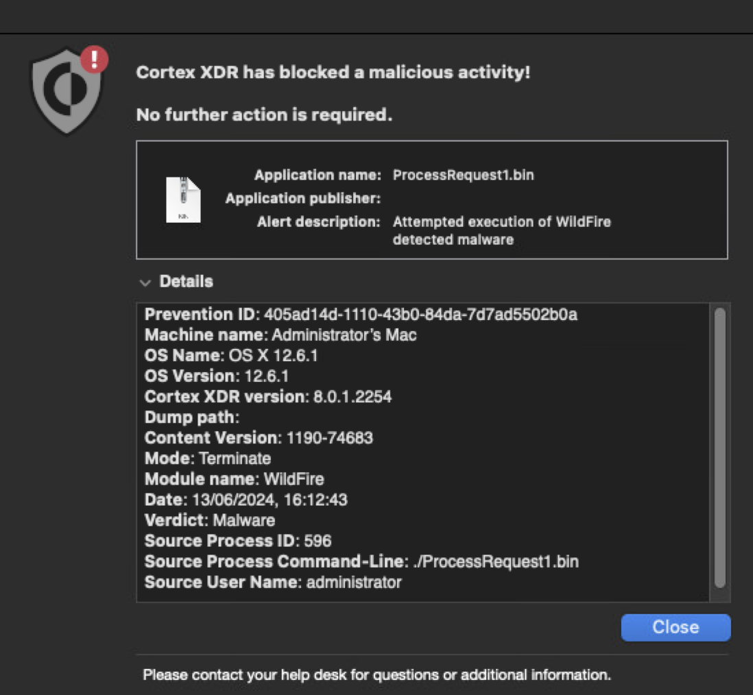 Alert message from Cortex XDR reporting a blocked malicious activity attempt, with details including OS version, file path, and source process information.