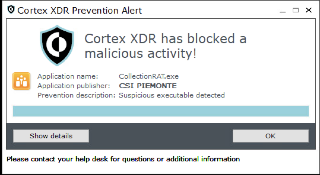 Alert window titled "Cortex XDR Prevention Alert" displays a message that Cortex XDR has blocked a malicious activity. Buttons for "Show details" and "OK" are provided at the bottom. There is a reminder to contact the help desk for questions or additional information.