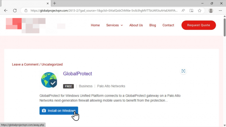 Screenshot of the GlobalProtect download page on a website with redacted information, featuring an 'Install on Windows' button.