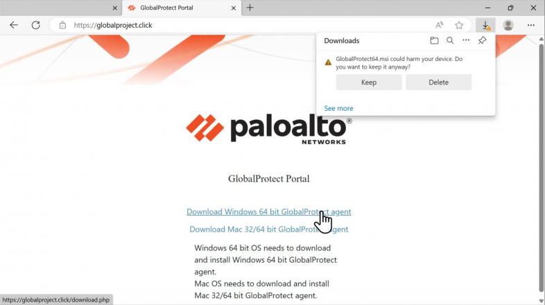 Screenshot of a computer screen displaying a cloned GlobalProtect Portal by Palo Alto Networks with a notification for downloading the GlobalProtect Agent for Windows 64-bit.