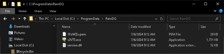 Screenshot of a file explorer window on a computer showing the contents of the "RamDQ" folder inside the "ProgramData" directory on drive C. The folder contains three files with details such as file type, date modified, and size displayed.