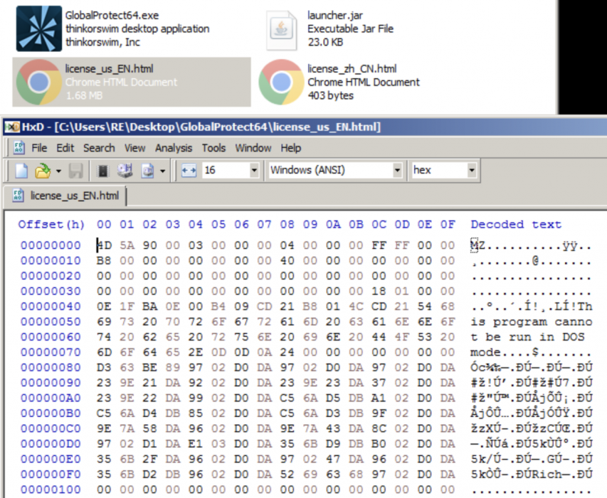 Screenshot of a computer screen displaying a hexadecimal view of files. The selected file is Selected is license_us_EN.html. Also in view is "GlobalProtect64.exe" and "launcher.jar", with decoded text showing HTML and programming code elements. 