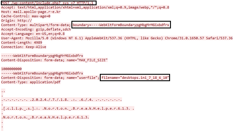 Wireshark TCP stream window screenshot displaying HTTP headers in a network request with highlighted content type boundary information and a filename. Some information is highlighted within three boxes. 