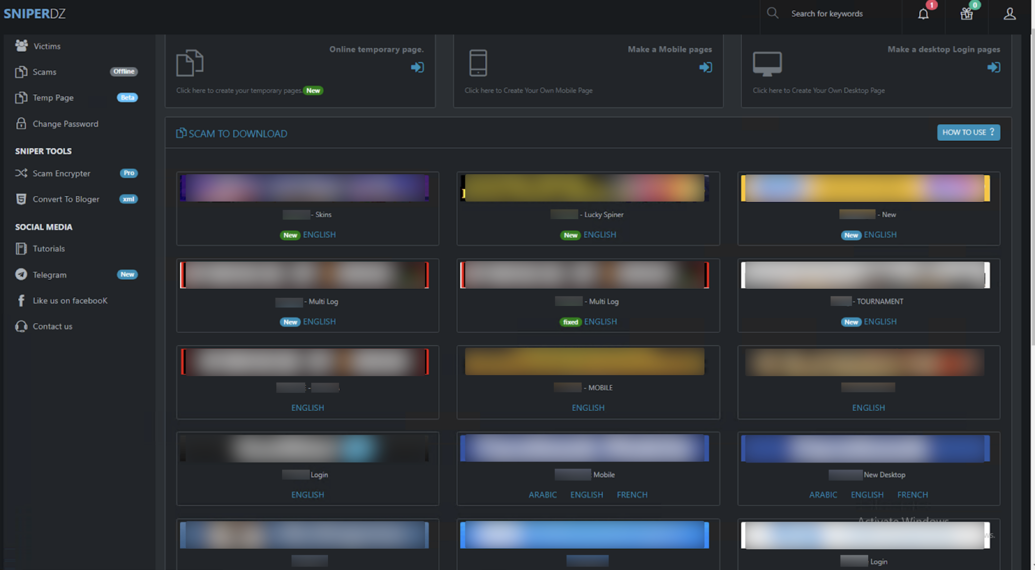 Screenshot of Sniper Dz website interface displaying various options for template page setups, customizable buttons for data management, and different user account status panels, all depicted in a dark mode theme.