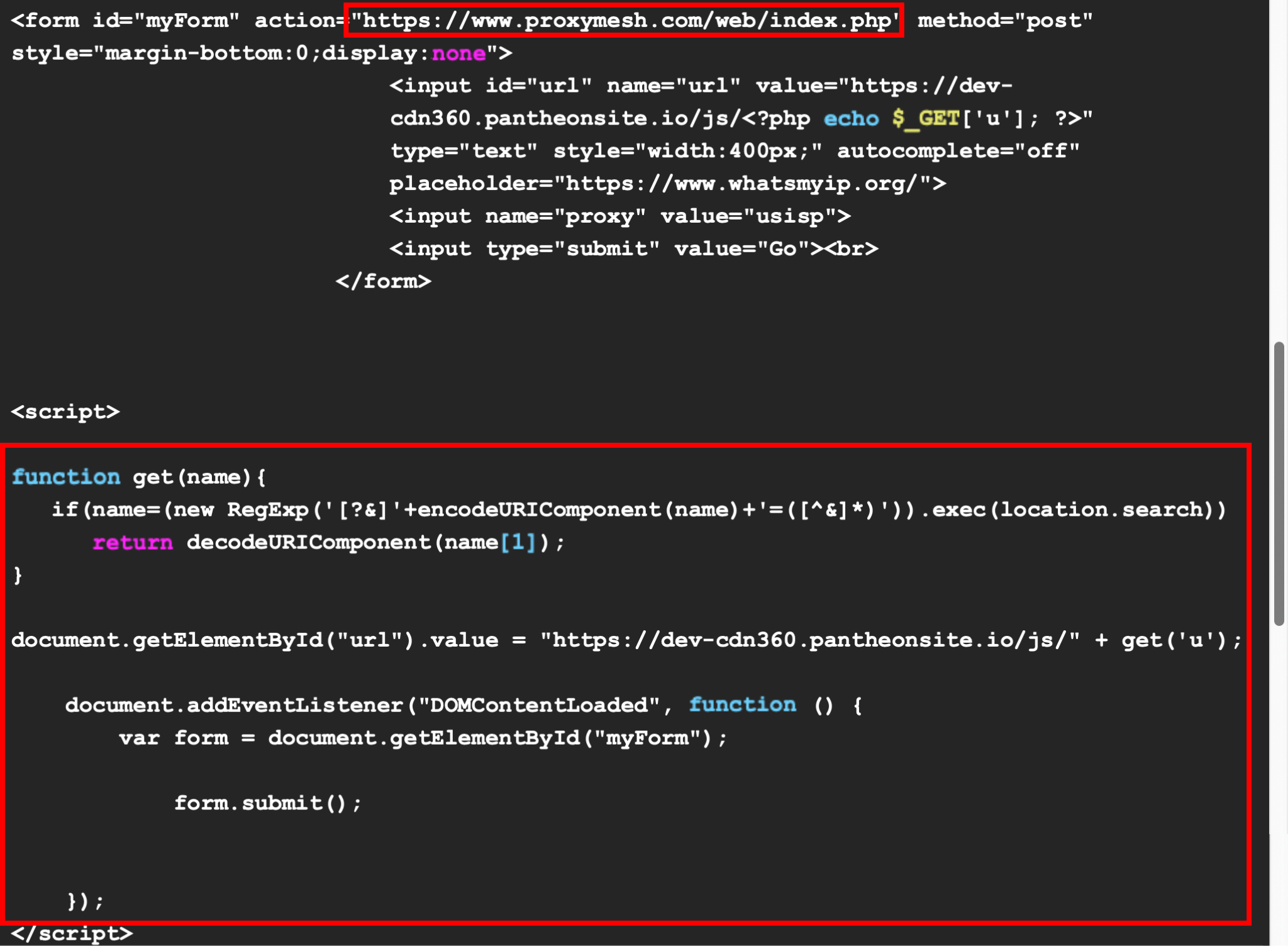 Screenshot of HTML and JavaScript code related to a form element on the 'proxymesh.com' website. The code includes functions for encoding URLs and adding event listeners to a form. Two sections are highlighted in red boxes. 