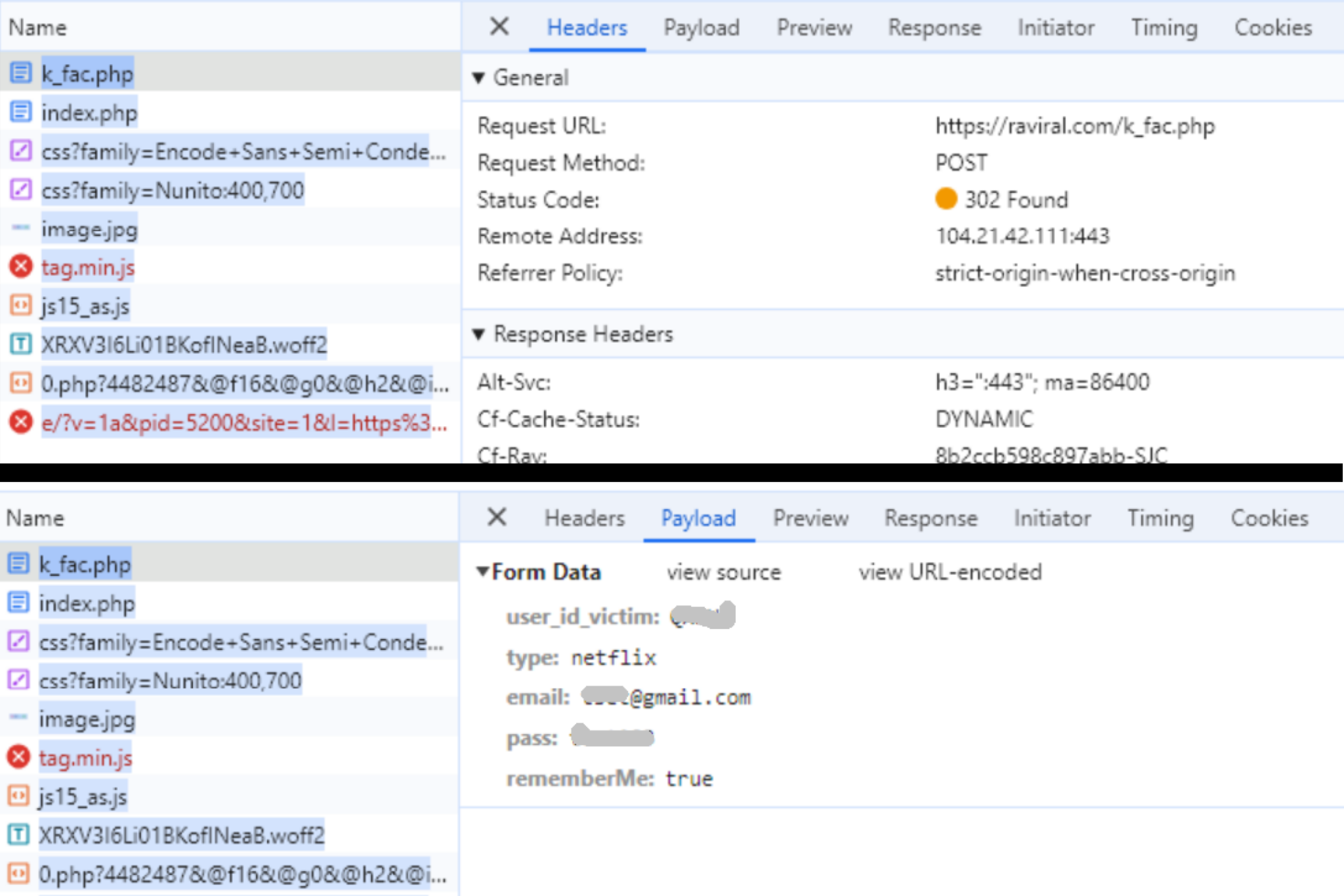 Screenshot of response headers, request headers, and form data for a Netflix login page, highlighting the fields for email and password.