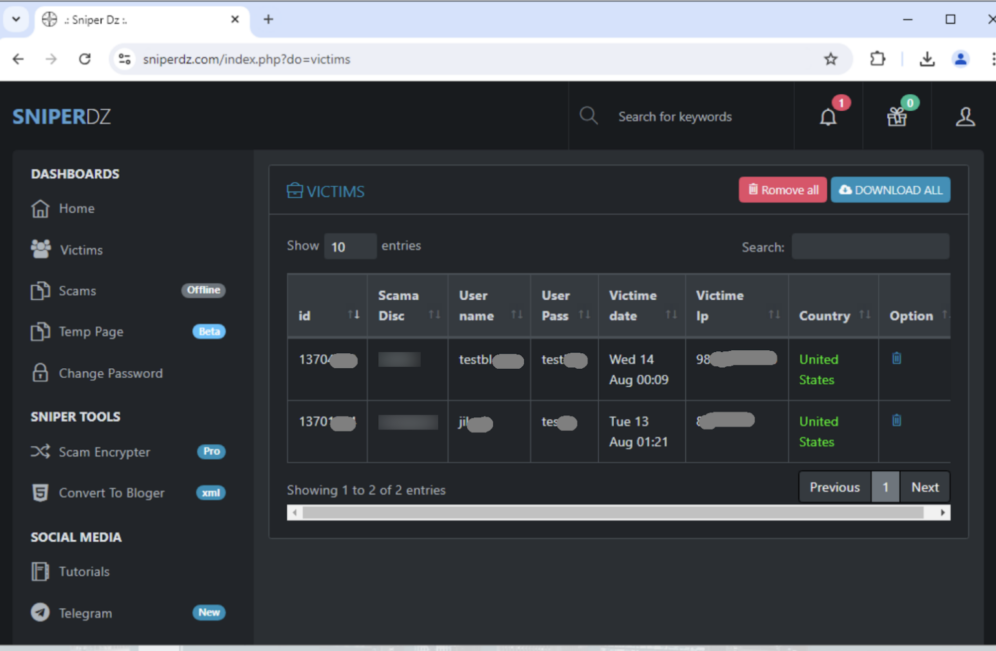 A screenshot showing a web browser interface for "sniperdz.com" titled 'VICTIMS'. The screen displays a table with columns such as Id, Scama name, User name and more. Two entries are visible from the United States, and the interface includes navigation buttons and functionality for searching, downloading, and removing entries. There are more options and tools in the left sidebar.