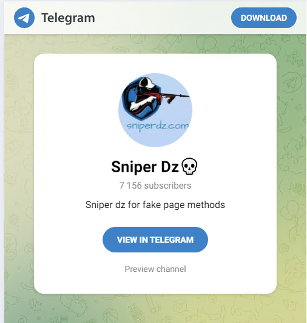 Promotional image for Telegram channel "Sniper Dz" which features a logo with a stylized sniper image and the text "sniperdz.com". The channel has 7 followers. There is a "View in Telegram" button and a "Download" button at the top.