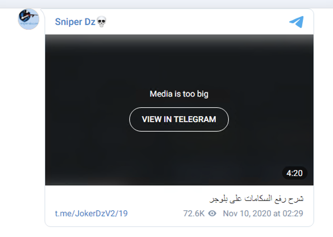 Social media post from "Sniper Dz" displaying an error message saying "Media is too big" with a button labeled "VIEW IN TELEGRAM". Includes a link to Telegram, a view count, and a timestamp indicating November 10, 2020, at 02:29.