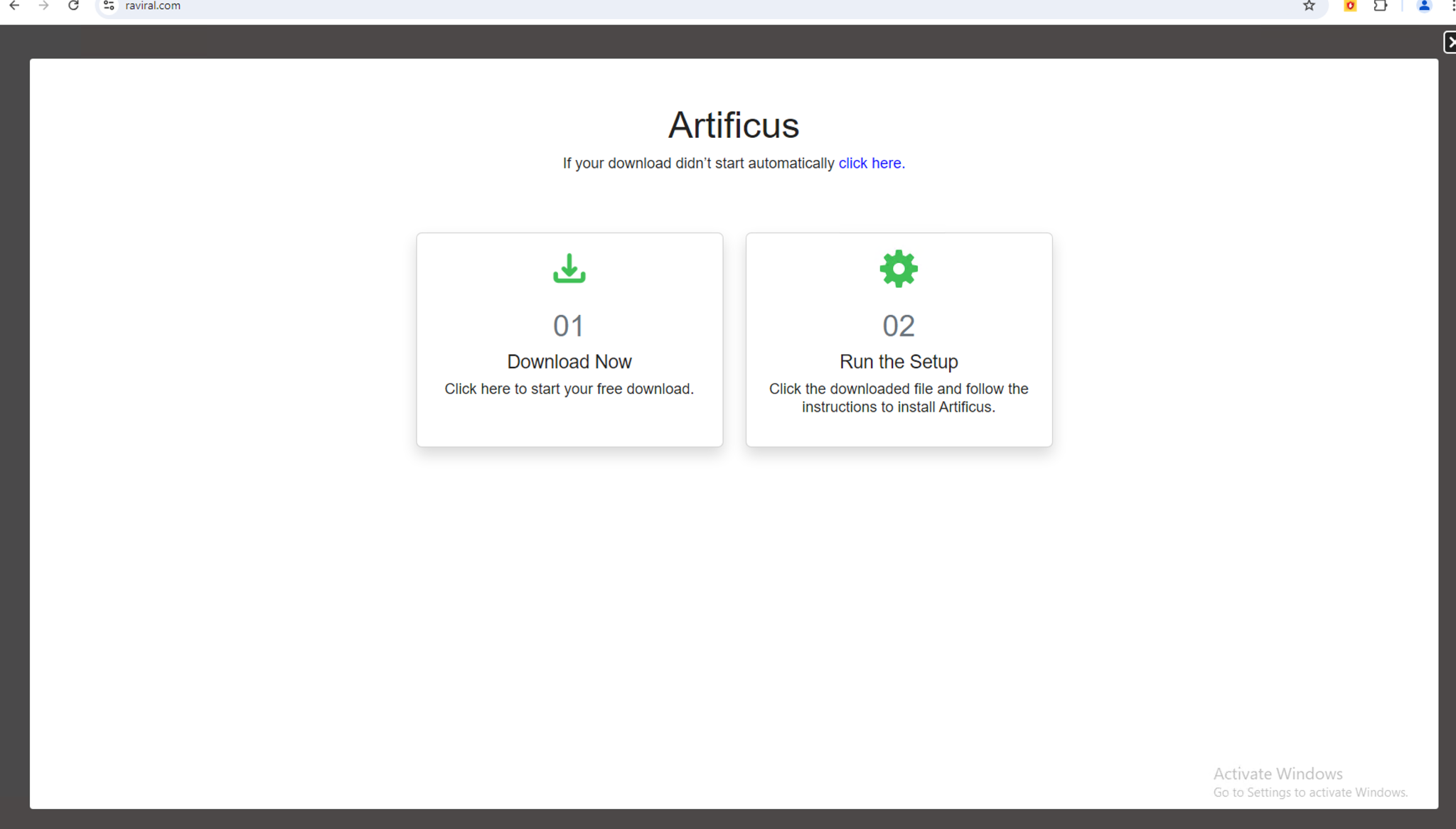 Download instructions for Artifactus software displayed on a webpage. Two options are shown: "Download Now" to start the download and "Run the Setup" for installation instructions.