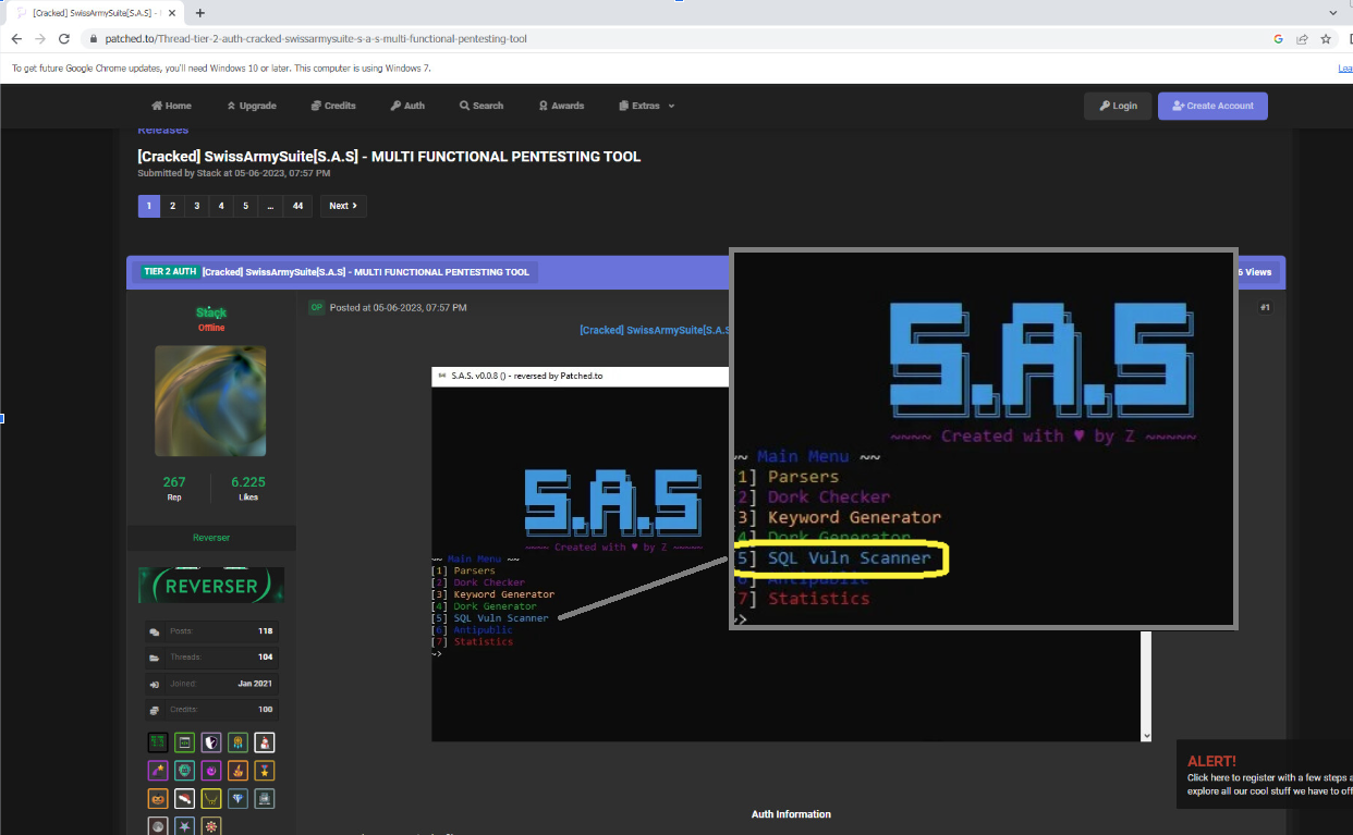 A screenshot of a computer screen displaying multiple windows related to the S.A.S. pentesting tool with its logo and various tool options.