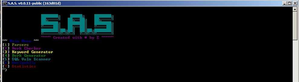 Screenshot of the S.A.S. system interface, featuring a dark computer screen with options like Database, Proxy Checker, Keyword Generator, Link Generator, SQLi Vuln Scanner, and Statistics listed in a menu format. The SAS logo is displayed at the top in teal.