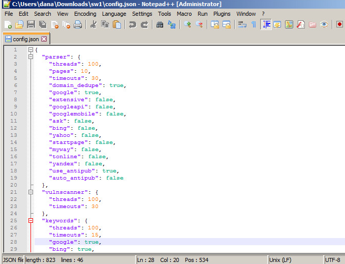 Screenshot of an open JSON configuration file in Notepad++ with various settings visible.