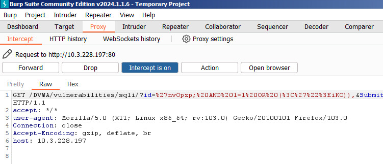 Screenshot of Burp Suite Community Edition software showing the user interface with tabs and a highlighted HTTP request in the Intercept tab.