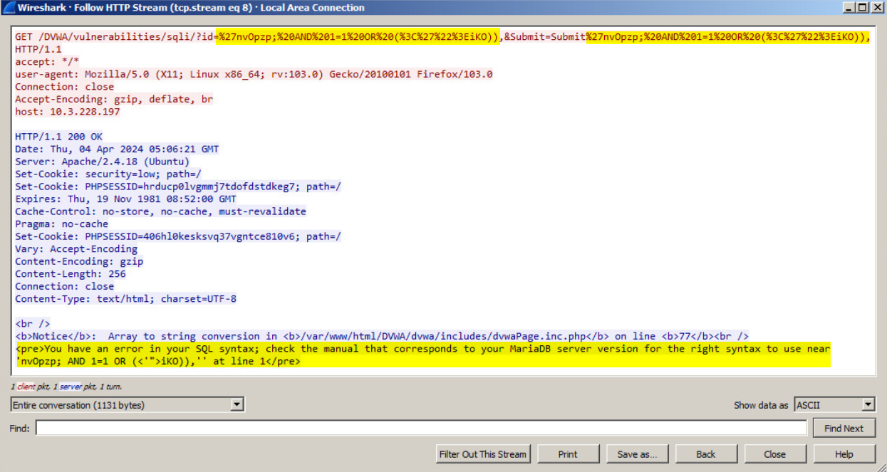 Screenshot of a Wireshark application displaying an error in its HTTP stream, featuring various networking details and error messages. Some of the text is highlighted in yellow. 