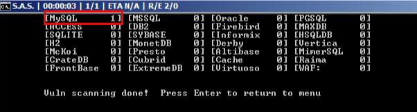 Screen capture of S.A.S. showing a list of database management systems including MySQL, Oracle, and more with a completed scan indicating the number of vulnerabilities found. The MySQL entry is highlighted in a red box.