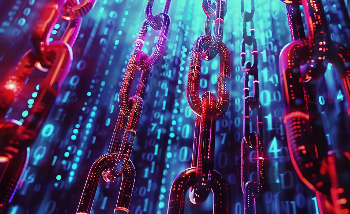 Pictorial representation of Lynx ransomware. A digital illustration of glowing chains with broken links, set against a background of binary code in blue and red.