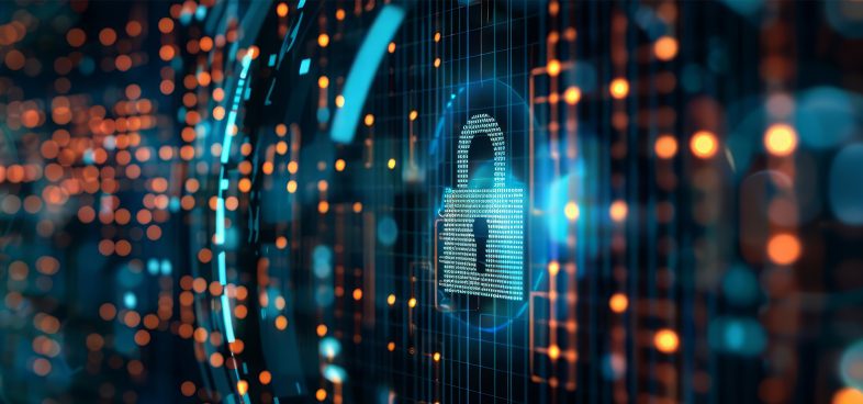 Pictorial representation of DNS tunneling detection. Digital illustration of a padlock icon symbolizing cybersecurity, superimposed on a grid comprised of interconnected glowing lines and dots, depicting a global network.