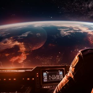 A pictorial representation of AI threats. Looking over the shoulder of a man in the cockpit of a vessel in space, the window looks out on an Earth-like planet.
