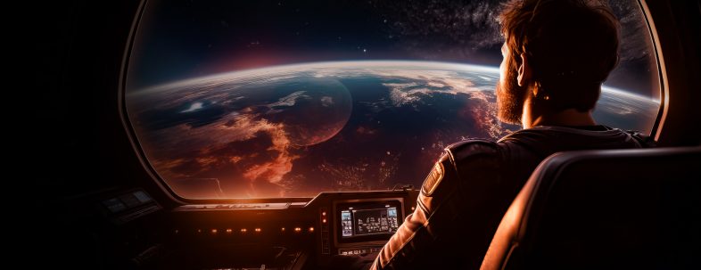 A pictorial representation of AI threats. Looking over the shoulder of a man in the cockpit of a vessel in space, the window looks out on an Earth-like planet.